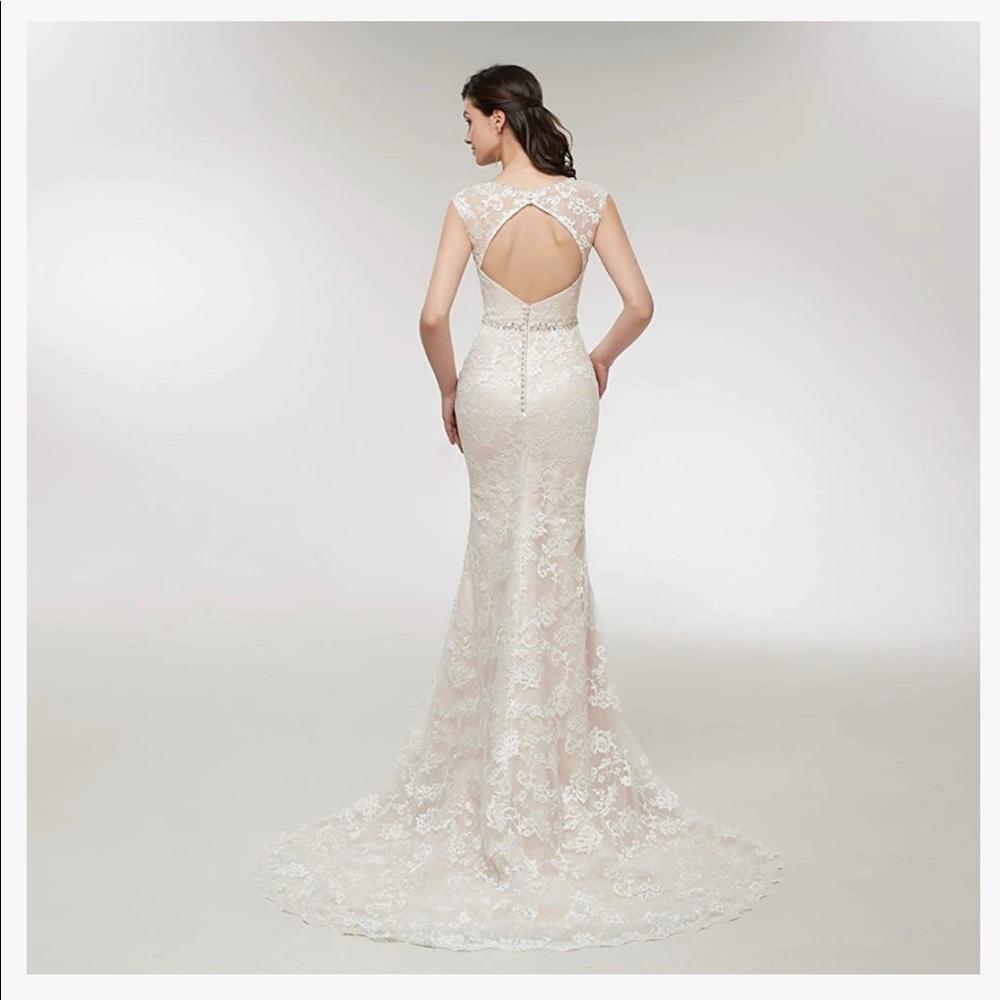Champagne lace wedding dress with open back